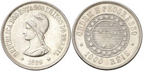 1889. Brasil. 1000 reis. (Kr. 495). 12,77 g. AG. MBC+/EBC-.