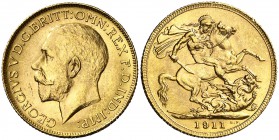 1911. Canadá. Jorge V. C. 1 libra. (Fr. 2) (Kr. 20). 7,99 g. AU. Leves golpecitos. Bella. EBC.