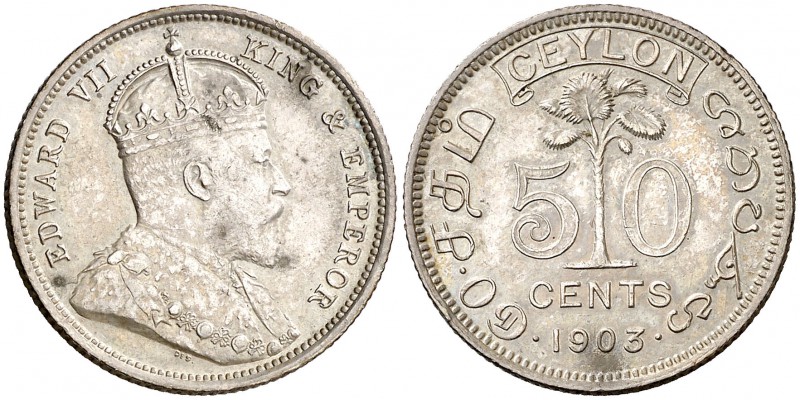 1903. Ceilán (Sri Lanka). Eduardo VII. 50 cents. (Kr. 99). 5,83 g. AG. Bella. EB...