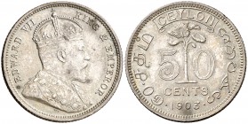 1903. Ceilán (Sri Lanka). Eduardo VII. 50 cents. (Kr. 99). 5,83 g. AG. Bella. EBC+.