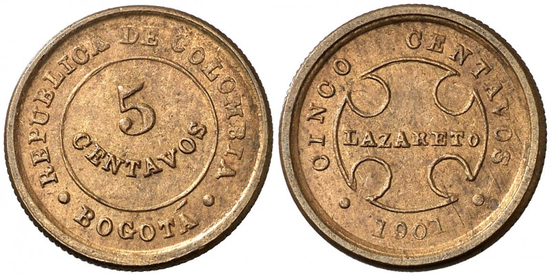 1901. Colombia. Bogotá. Leprosario Lazareto. 5 centavos. (Kr. L2). 2,39 g. CU. E...