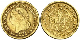 1871. Colombia. Medellín. 2 pesos. (Fr. 106) (Kr. A154). 3,07 g. AU. MBC.