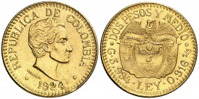 1924. Colombia. 2 1/2 pesos. (Fr. 116) (Kr. 203). 3,95 g. AU. EBC.