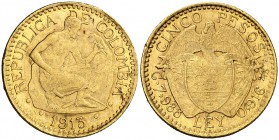1913. Colombia. 5 pesos. (Fr. 110) (Kr. 195.1). 7,98 g. AU. MBC+.
