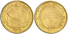 1919. Colombia. 5 pesos. (Fr. 110) (Kr. 195.1). 7,95 g. AU. MBC+.