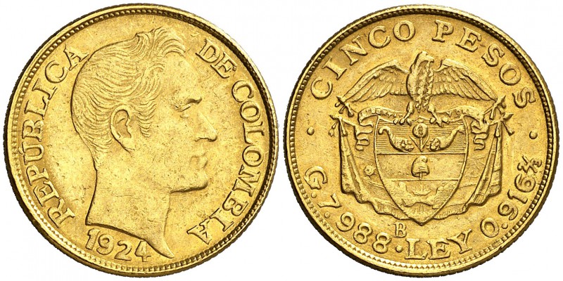 1924. Colombia. B (Bogotá). 5 pesos. (Fr. 113) (Kr. 201.1). 7,94 g. AU. MBC+/EBC...