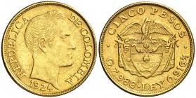 1924. Colombia. B (Bogotá). 5 pesos. (Fr. 113) (Kr. 201.1). 7,94 g. AU. MBC+/EBC-.