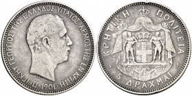 1901. Jorge. Creta. 5 dracmas. (Kr. 9). 24,70 g. AG. Rara. MBC.
