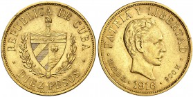 1916. Cuba. 10 pesos. (Fr. 3) (Kr. 20). 16,70 g. AU. EBC-.