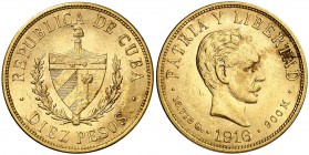 1916. Cuba. 10 pesos. (Fr. 3) (Kr. 20). 16,70 g. AU. EBC-/EBC.