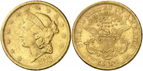1872. Estados Unidos. S (San Francisco). 20 dólares. (Fr. 175) (Kr. 74.2). 33,40 g. AU. Golpecitos. (MBC+).