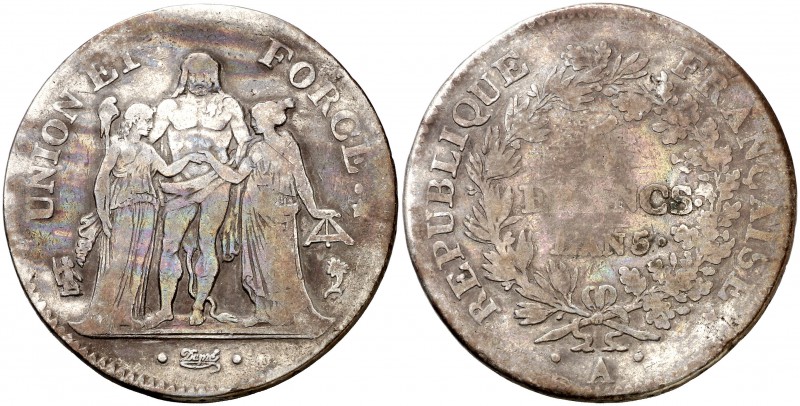 An 5 (1796-1797). Francia. I República. A (París). 5 francos. (Kr. 639.1). 24,35...