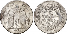 An 6 (1797-1798). Francia. I República. A (París). 5 francos. (Kr. 639.1). 24,34 g. AG. BC+/MBC-.