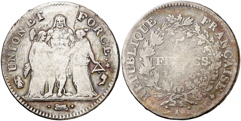 An 6 (1797-1798). Francia. I República. A (París). 5 francos. (Kr. 639.1). 24,56...