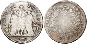 An 6 (1797-1798). Francia. I República. A (París). 5 francos. (Kr. 639.1). 24,56 g. AG. La A de la ceca de menor tamaño. Golpes en borde. (BC).