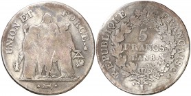 An 8 (1799-1800). Francia. I República. L (Bayona). 5 francos. (Kr. 639.6). 24,23 g. AG. BC/MBC-.