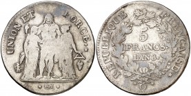 An 8 (1799-1800). Francia. I República. Q (Perpiñán). 5 francos. (Kr. 639.8). 24,36 g. AG. BC+/MBC-.