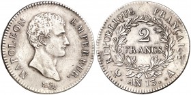An 13 (1805). Francia. Napoleón. A (París). 2 francos. (Kr. 658.1). 10 g. AG. Sirvió como joya. (MBC+).