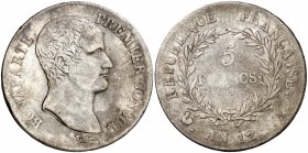 An 12 (1803-1804). Francia. Napoleón. A (París). 5 francos. (Kr. 660.1). 24,84 g. AG. MBC/MBC-.