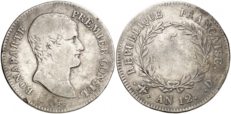 An 12 (1803-1804). Francia. Napoleón. A (París). 5 francos. (Kr. 660.1). 24,46 g...