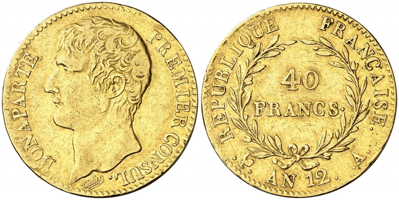 An 12 (1804). Francia. Napoleón. A (París). 40 francos. (Fr. 479) (Kr. 652). 12,...