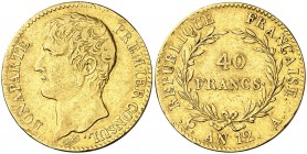 An 12 (1804). Francia. Napoleón. A (París). 40 francos. (Fr. 479) (Kr. 652). 12,79 g. AU. MBC.