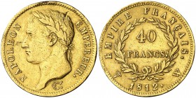 1812. Francia. Napoleón. W (Lille). 40 francos. (Fr. 506) (Kr. 696.6). 12,80 g. AU. Sirvió como joya. (MBC-/MBC).
