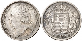 1823. Francia. Luis XVIII. A (París). 1 franco. (Kr. 709.1). 4,91 g. AG. MBC/MBC+.