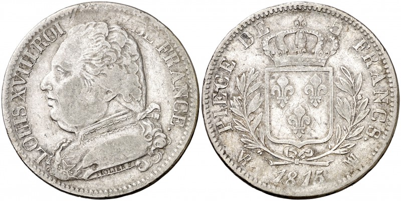 1815. Francia. Luis XVIII. MA (Marseilla). 5 francos. (Kr. 702.10). 24,68 g. AG....