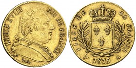 1815. Francia. Luis XVIII. A (París). 20 francos. (Fr. 525) (Kr. 706.1). 6,43 g. AU. MBC.