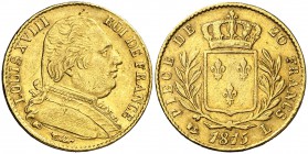 1815. Francia. Luis XVIII. L (Bayona). 20 francos. (Fr. 526) (Kr. 706.4). 6,44 g. AU. Rayita. MBC+.
