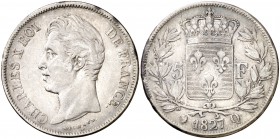 1827. Francia. Carlos X. Q (Perpiñán). 5 francos. (Kr. 728.11). 24,83 g. AG. Golpecito. MBC.