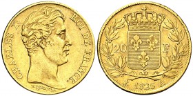 1825. Francia. Carlos X. A (París). 20 francos. (Fr. 549) (Kr. 726.1). 6,38 g. AU. Golpecito en reverso. MBC+.
