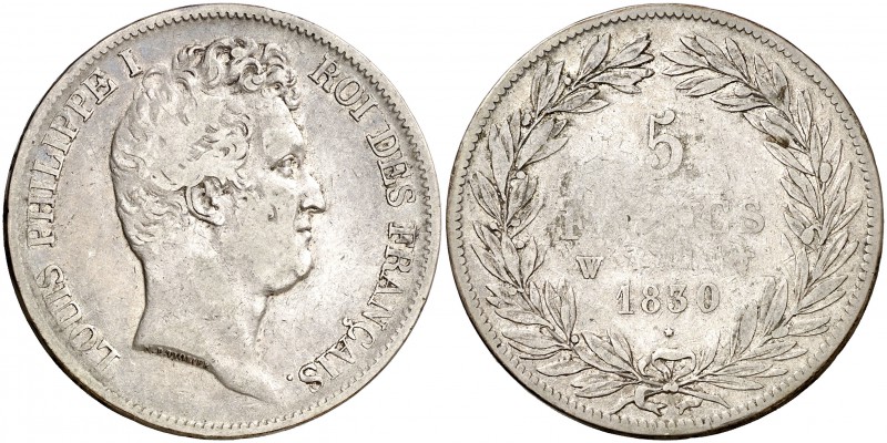 1830. Francia. Luis Felipe I. W (Lille). 5 francos. (Kr. 737.4). 24,61 g. AG. Es...