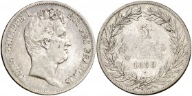 1830. Francia. Luis Felipe I. W (Lille). 5 francos. (Kr. 737.4). 24,61 g. AG. Escasa. MBC-/BC+.