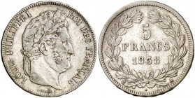 1838. Francia. Luis Felipe I. A (París). 5 francos. (Kr. 749.1). 24,89 g. AG. MBC.