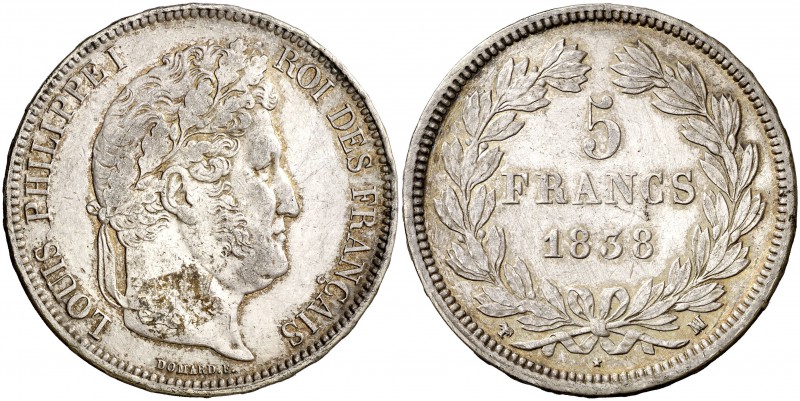 1838. Francia. Luis Felipe I. MA (Marsella). 5 francos. (Kr. 749.10). 24,73 g. A...