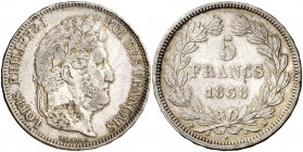 1838. Francia. Luis Felipe I. MA (Marsella). 5 francos. (Kr. 749.10). 24,73 g. AG. MBC/MBC+.