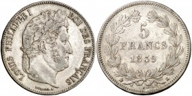 1839. Francia. Luis Felipe I. K (Burdeos). 5 francos. (Kr. 749.7). 24,79 g. AG. Leves rayitas. Buen ejemplar. MBC+.