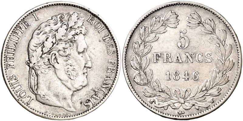 1846. Francia. Luis Felipe I. W (Lille). 5 francos. (Kr. 749.13). 24,81 g. AG. G...