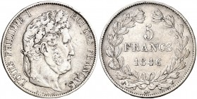 1846. Francia. Luis Felipe I. W (Lille). 5 francos. (Kr. 749.13). 24,81 g. AG. Golpecitos. MBC.