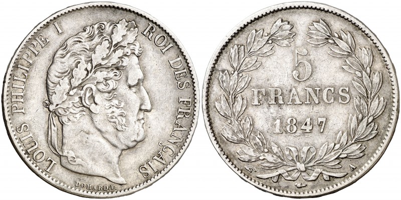 1847. Francia. Luis Felipe I. A (París). 5 francos. (Kr. 749.1). 24,82 g. AG. MB...