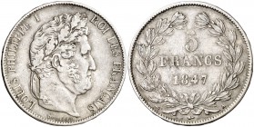 1847. Francia. Luis Felipe I. A (París). 5 francos. (Kr. 749.1). 24,82 g. AG. MBC.