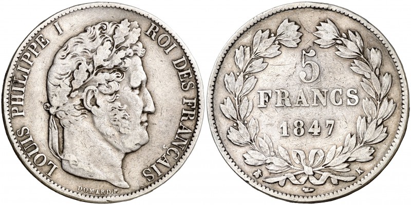 1847. Francia. Luis Felipe I. K (Burdeos). 5 francos. (Kr. 749.7). 24,55 g. AG. ...