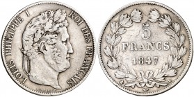 1847. Francia. Luis Felipe I. K (Burdeos). 5 francos. (Kr. 749.7). 24,55 g. AG. Escasa. MBC-.