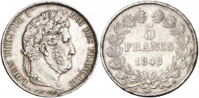 1848. Francia. Luis Felipe I. B (Estrasburgo). 5 francos. (Kr. 749.3). 24,79 g. AG. Golpecitos. MBC.