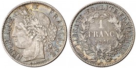 1849. Francia. II República. A (París). 1 franco. (Kr. 759.1). 4,88 g. AG. Pátina. MBC.