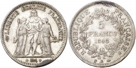 1848. Francia. II República. K (Burdeos). 5 francos. (Kr. 756.4). 24,93 g. AG. Golpecito. Escasa. MBC.