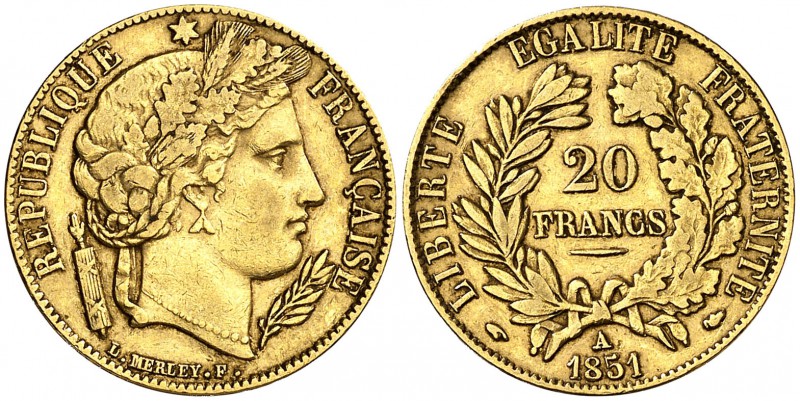 1851. Francia. II República. A (París). 20 francos. (Fr. 566) (Kr. 762). 6,38 g....
