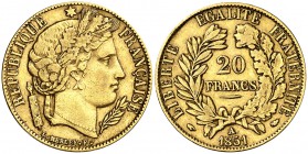 1851. Francia. II República. A (París). 20 francos. (Fr. 566) (Kr. 762). 6,38 g. AU. MBC.
